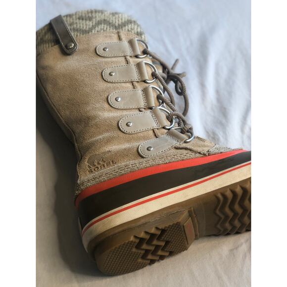 Sorel Joan of Arctic Waterproof Winter Knit Boot in Fossil Tan and Coral Accent - Picture 4 of 13